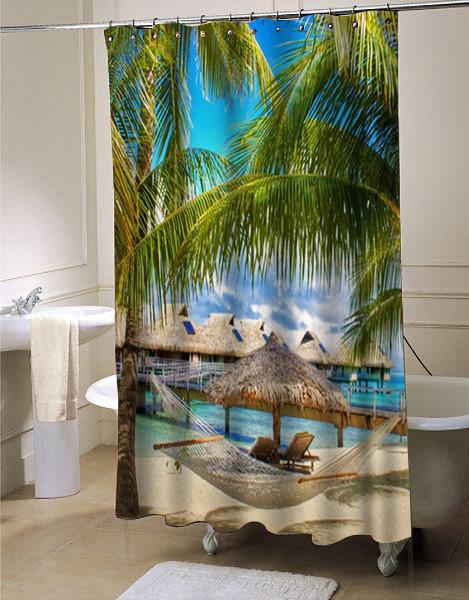 Bungalow And Hammock On Exotic Beach shower curtain customized design for home decor