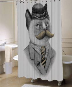 Cat Kitty Dapper Mustache Siamese Vintage Grey  shower curtain customized design for home decor