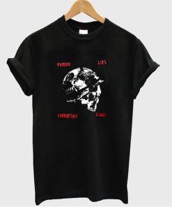 Louis Tomlinson is wearing power lies corruption chaos tshirt
