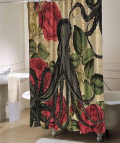 Octopus Rose Red Roses Green Leaves Gray Tentacles Kraken shower curtain customized design for home decor