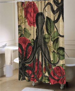 Octopus Rose Red Roses Green Leaves Gray Tentacles Kraken shower curtain customized design for home decor