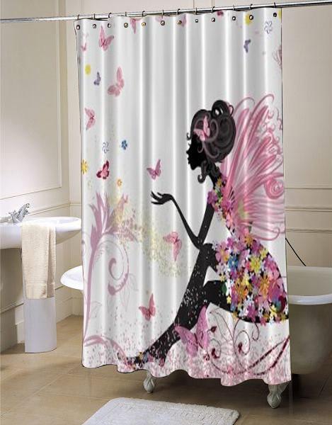 Pink Butterfly Girl with Floral Dress Flower Design Fairy Angel Wings  shower curtain customized design for home decor