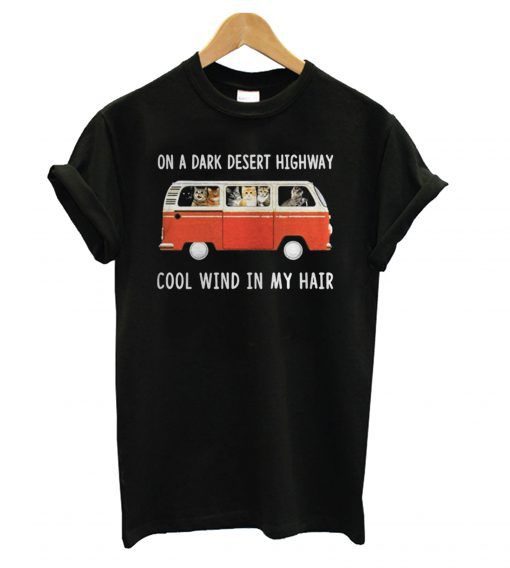 Hippie car and cat on a dark desert highway T shirt KM