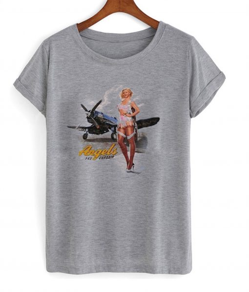 WWII Corsair F4U Flying Angels Blonde Pinup Girl T-Shirt KM