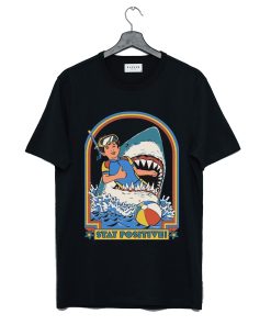 Funny Stay Positive Shark Attack Retro Comedy T Shirt KM