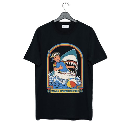 Funny Stay Positive Shark Attack Retro Comedy T Shirt KM