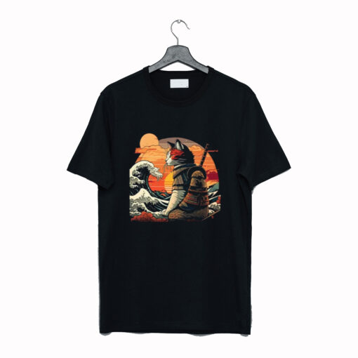 Retro samurai Cat With Wave T-Shirt KM